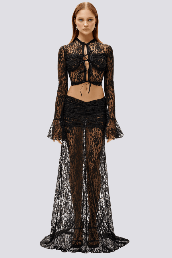 Calixte Long Sleeve Lace Ruched Skirt Set In Black