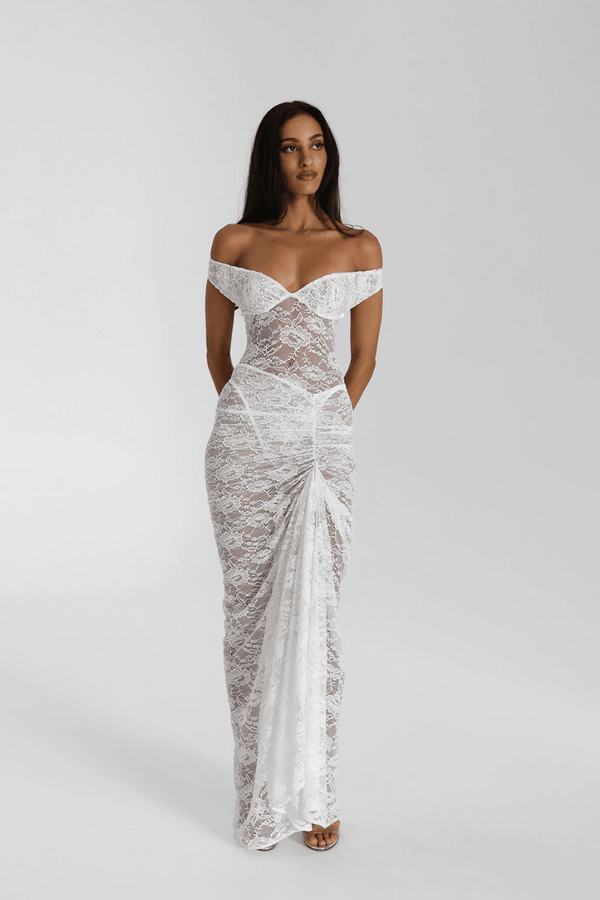 Christelle Off Shoulder Lace Skirt Set In White